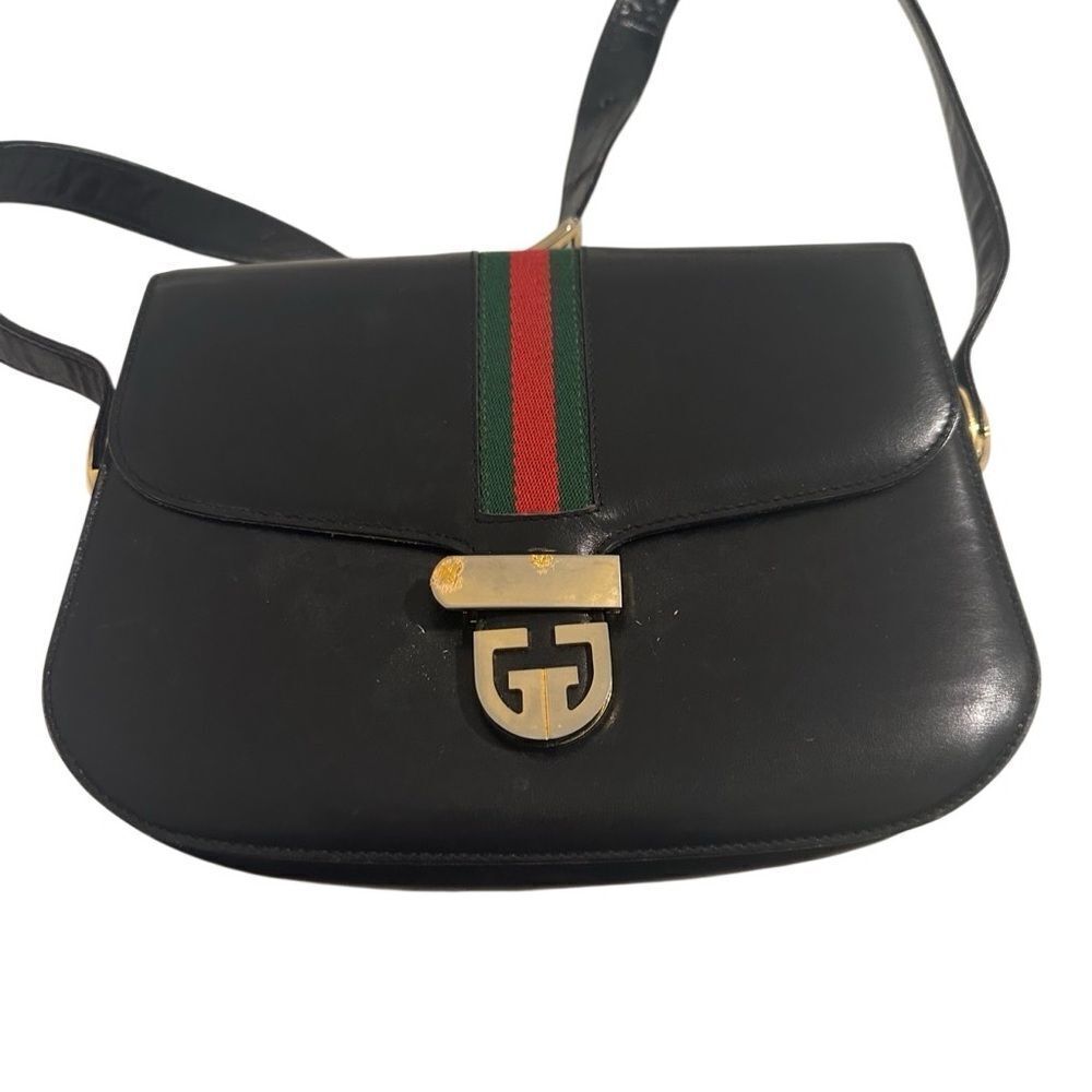 Gucci black leather web accent and gold GG lock shoulder - Picture 9 of 16